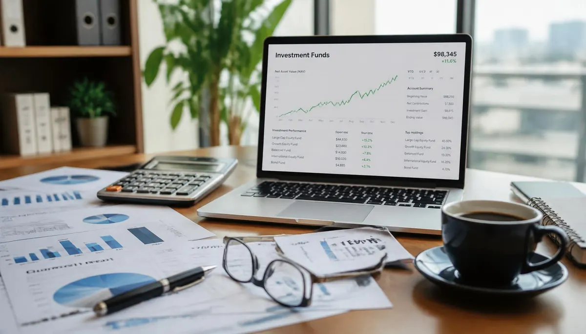 Finančni svetovalec analizira grafe rasti investicijskih skladov in tortni diagram razpršenosti portfelja — trženje enot vzajemnih skladov v Sloveniji