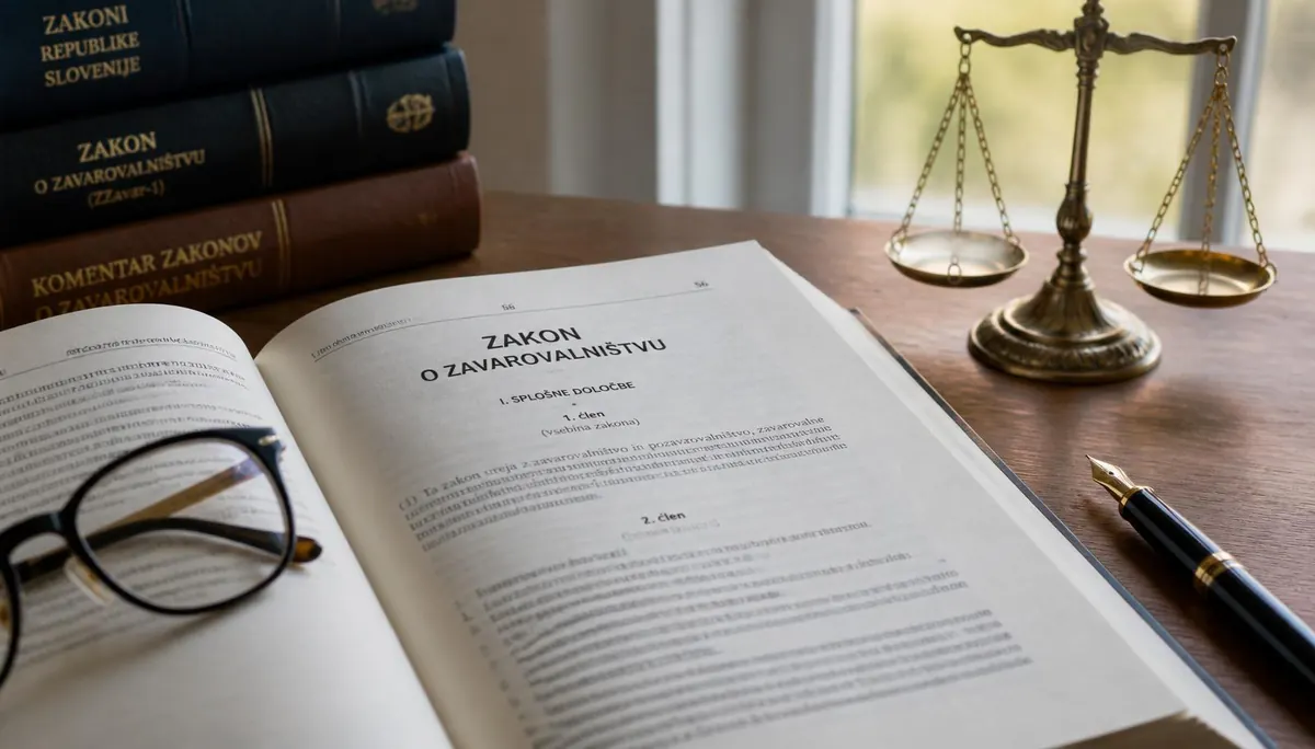 Odprt zakonik Zakon o zavarovalništvu (ZZavar-1) na pisalni mizi s tehtnico pravice in očali — priprava na strokovni izpit pri Agenciji za zavarovalni nadzor